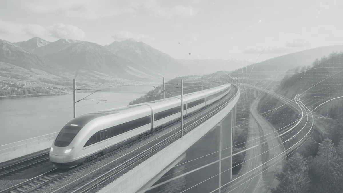 A railjet crossing a viaduct on the Westbahn corridor, with the line's own topology drawn over the valley