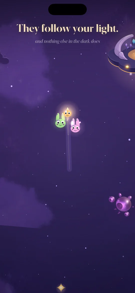 Small green and pink creatures following Lumen’s light along a trail through the dark.