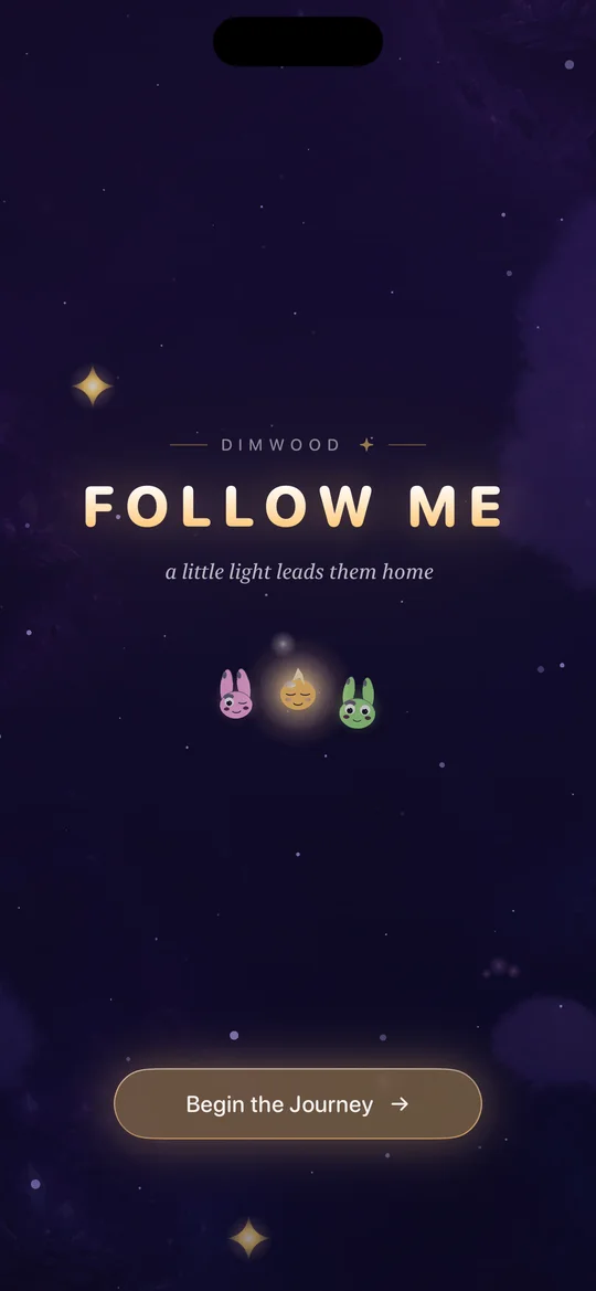 Dimwood’s Follow Me title screen, with Lumen and two friends under a night sky.